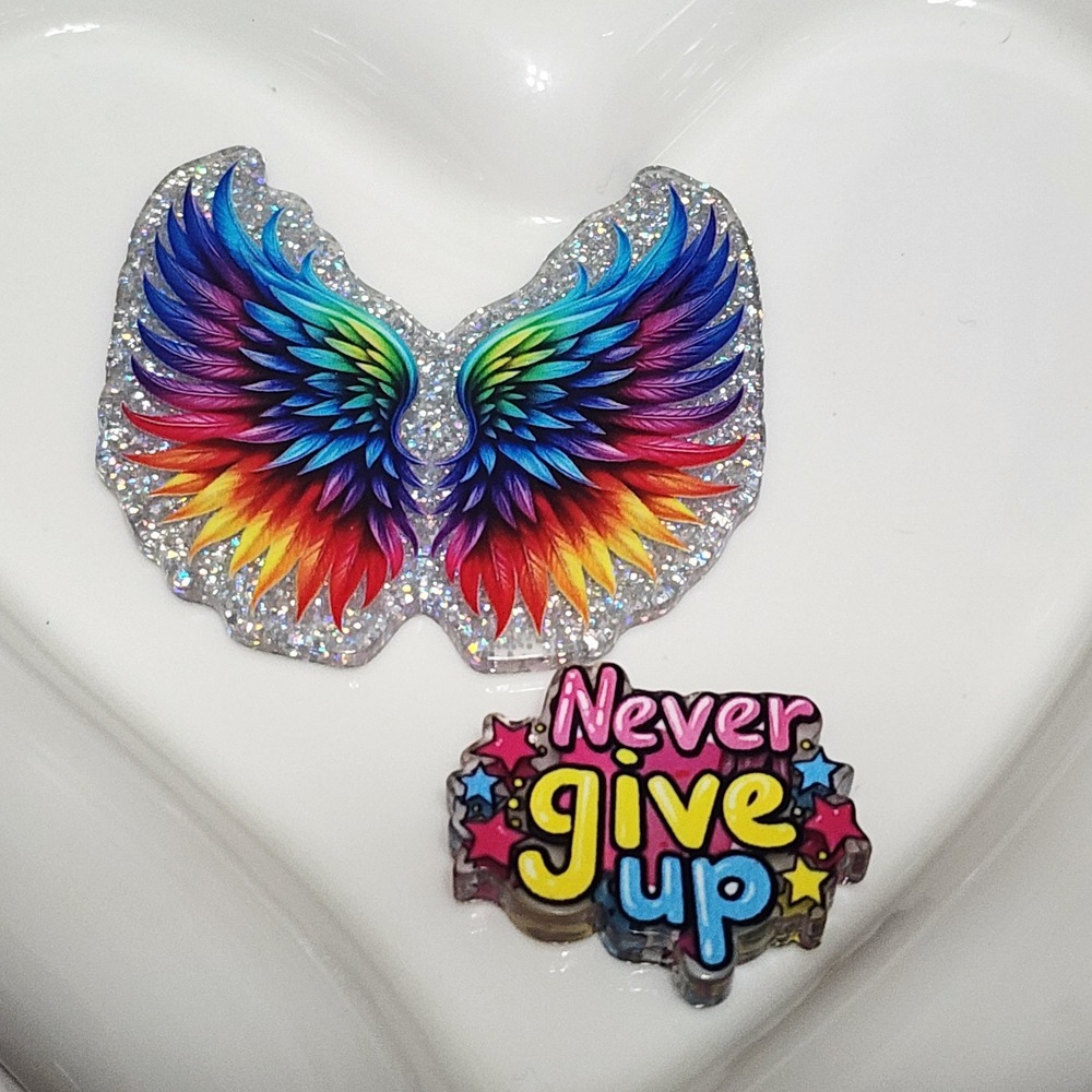 Angel Wings Never Give Up Flatback Focal Bead Beaded Pen Badge Keychain Magnet
